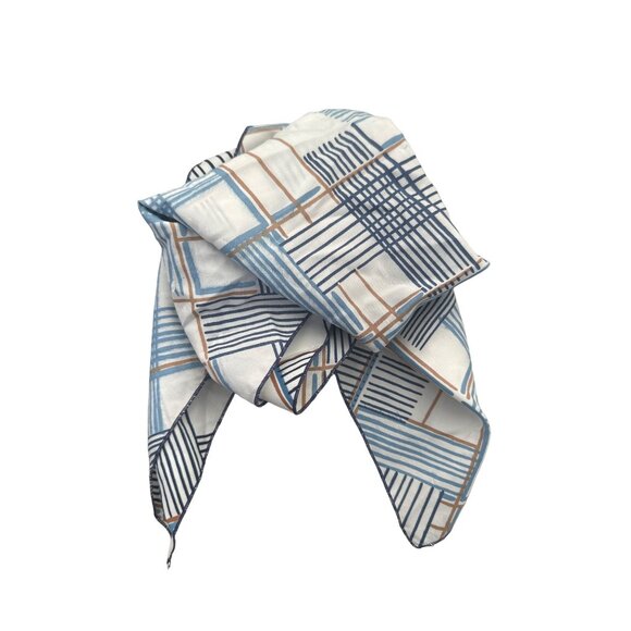 Vintage Abstract Stripe Square Scarf Lightweight 24 Inch White & Blue Neck Wrap - Picture 1 of 3